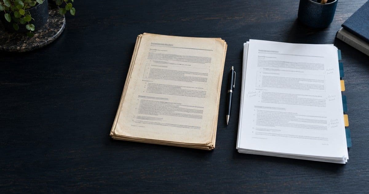 Dos versiones de un pliego técnico, la antigua y la nueva, comparadas sobre una mesa de trabajo