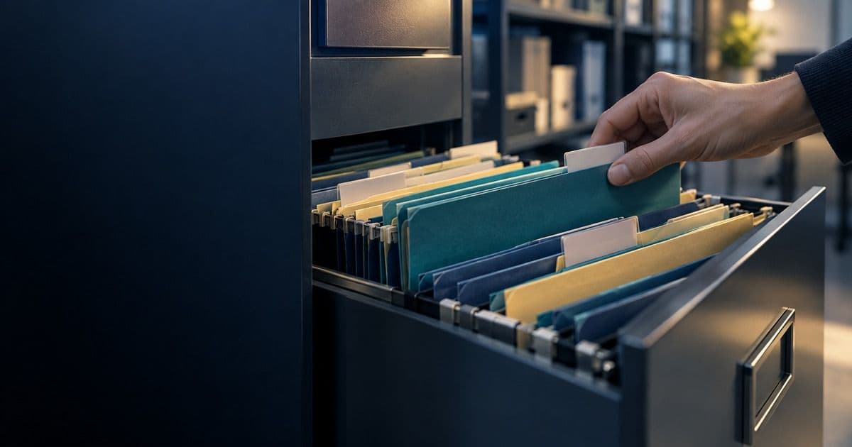 Mano que extrae una carpeta de un archivador con expedientes de contratación ordenados