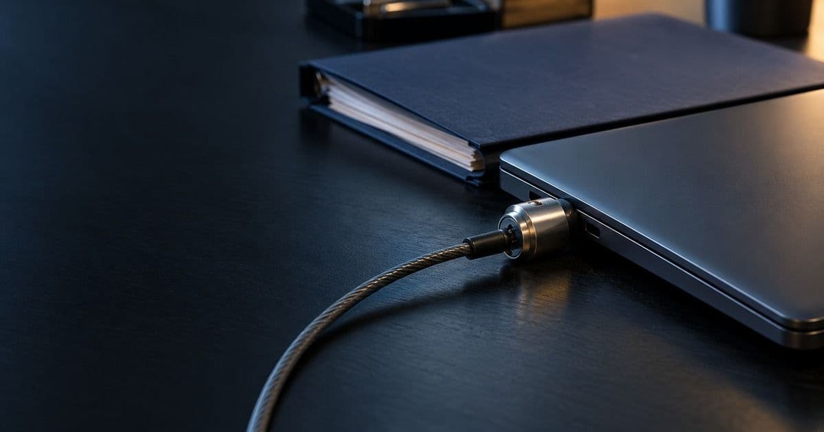 Portátil cerrado con un cierre de seguridad por cable junto a una carpeta de expedientes